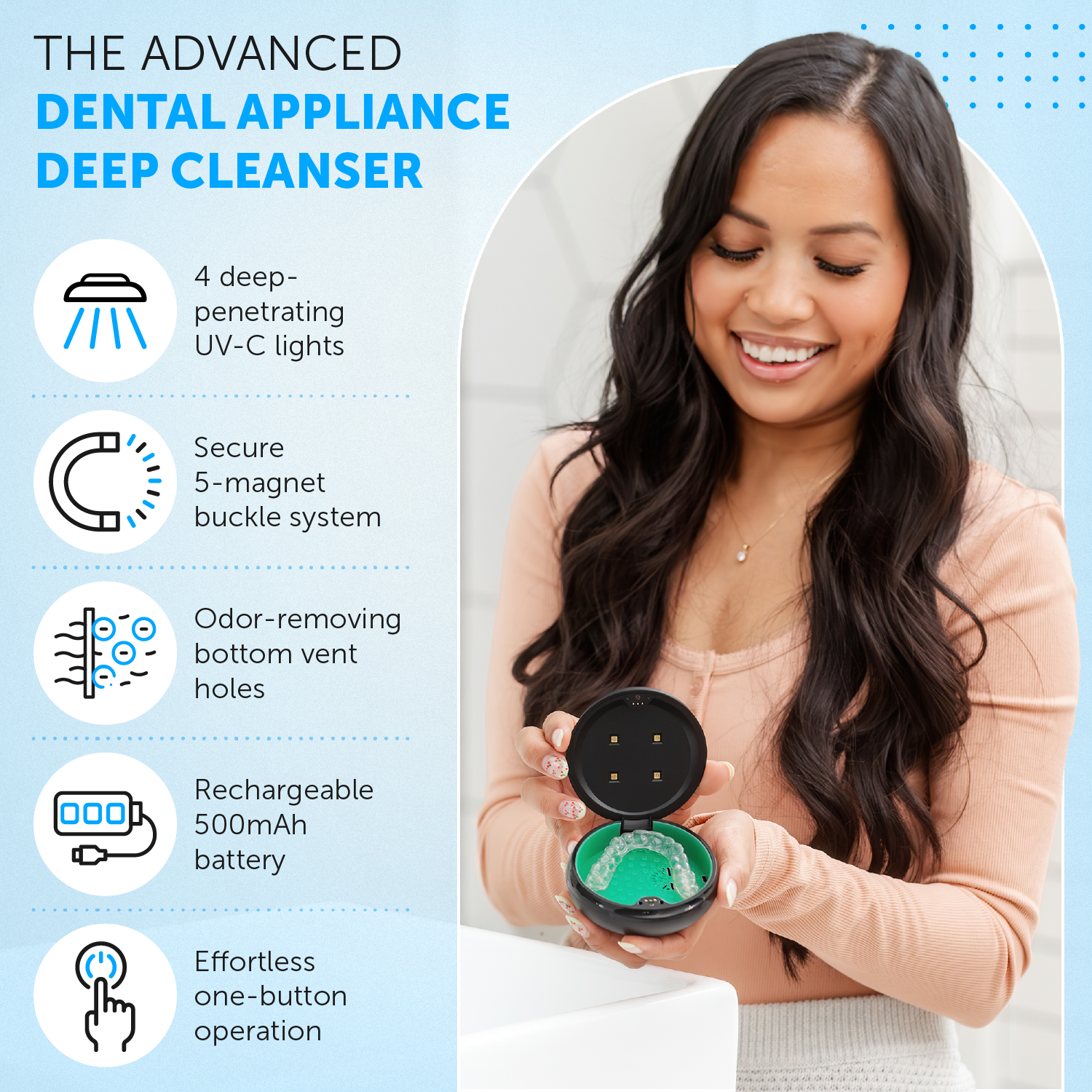 NuraClean UV-C Dental Appliance Cleaner - UV Retainer Cleaning Machine Also Great for Deep Cleansing Aligner, Mouth Guard, Night Guard, Dentures in Just 3 Minutes - Portable Dental Guard Cleaner Case